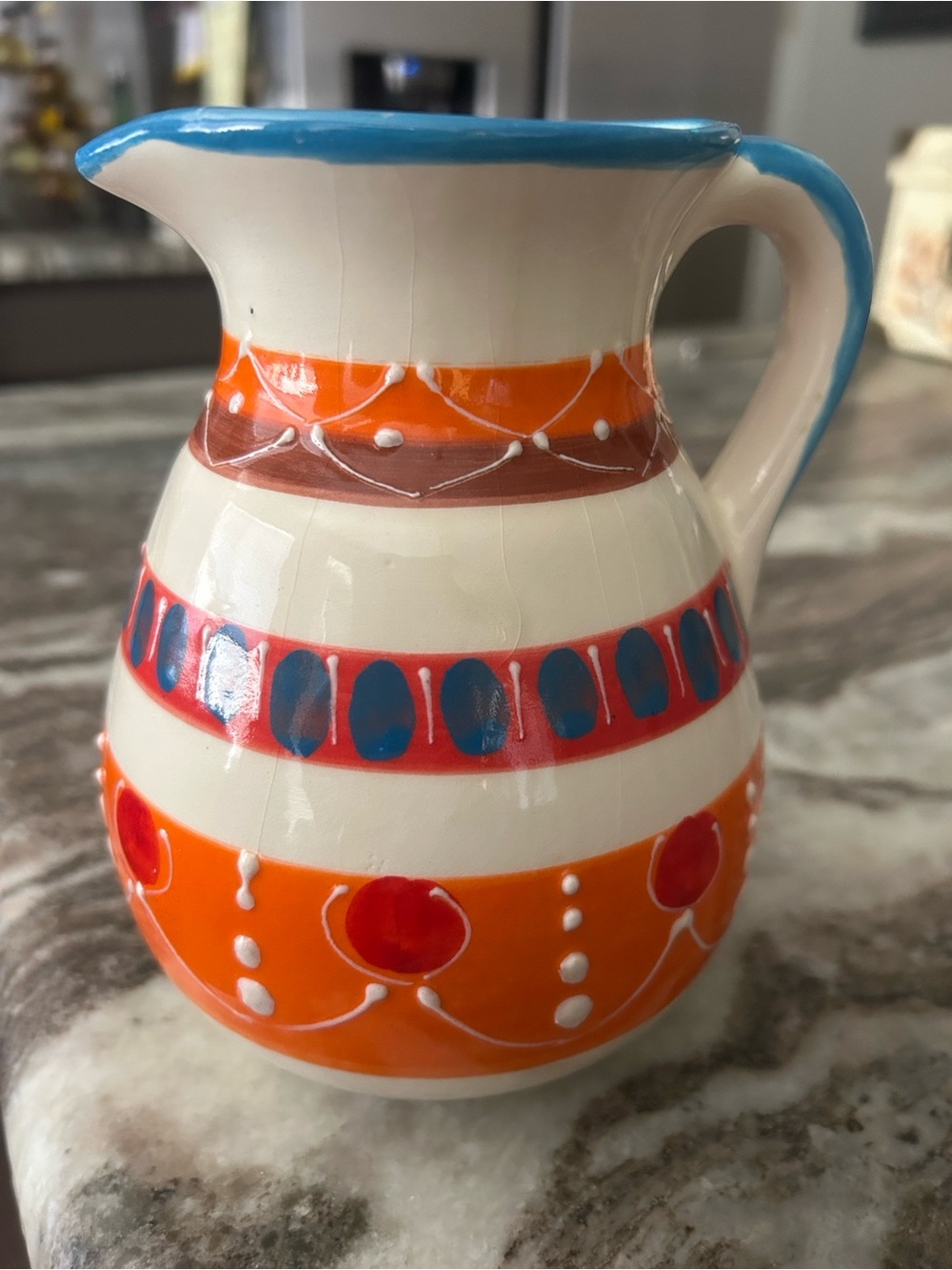 HNOS Pedraza handcrafted Ceramic Pitcher with Orange, Red and Turquoise Accents